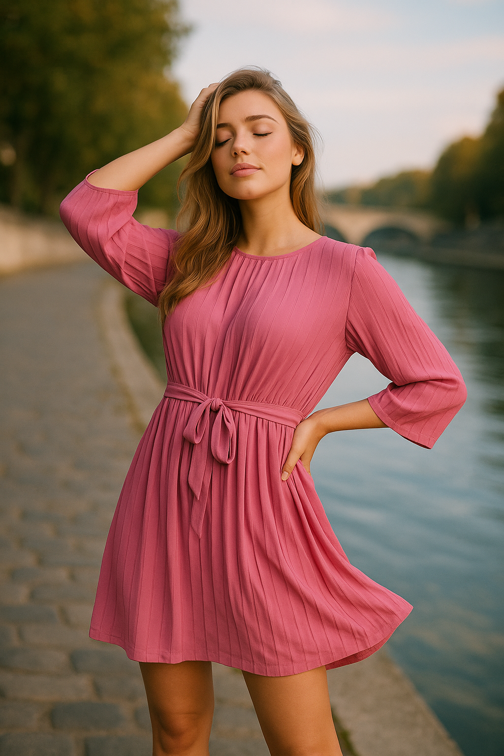 Pleated Tie Waist Mini Dress