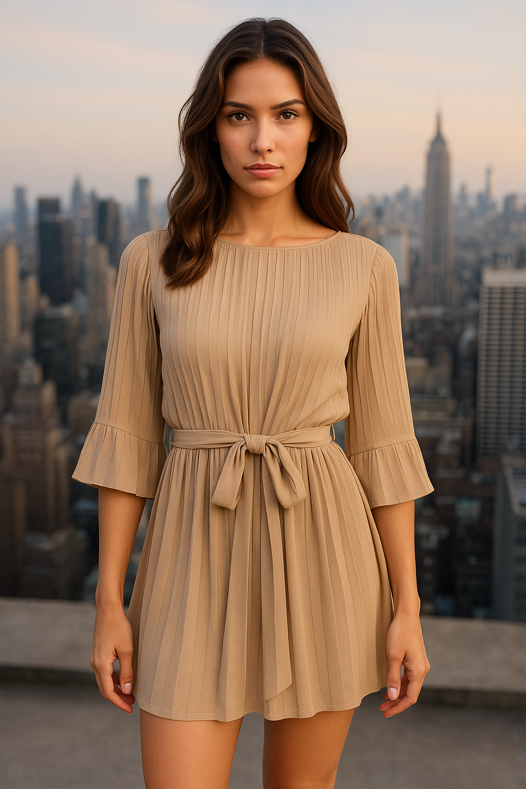Pleated Tie Waist Mini Dress