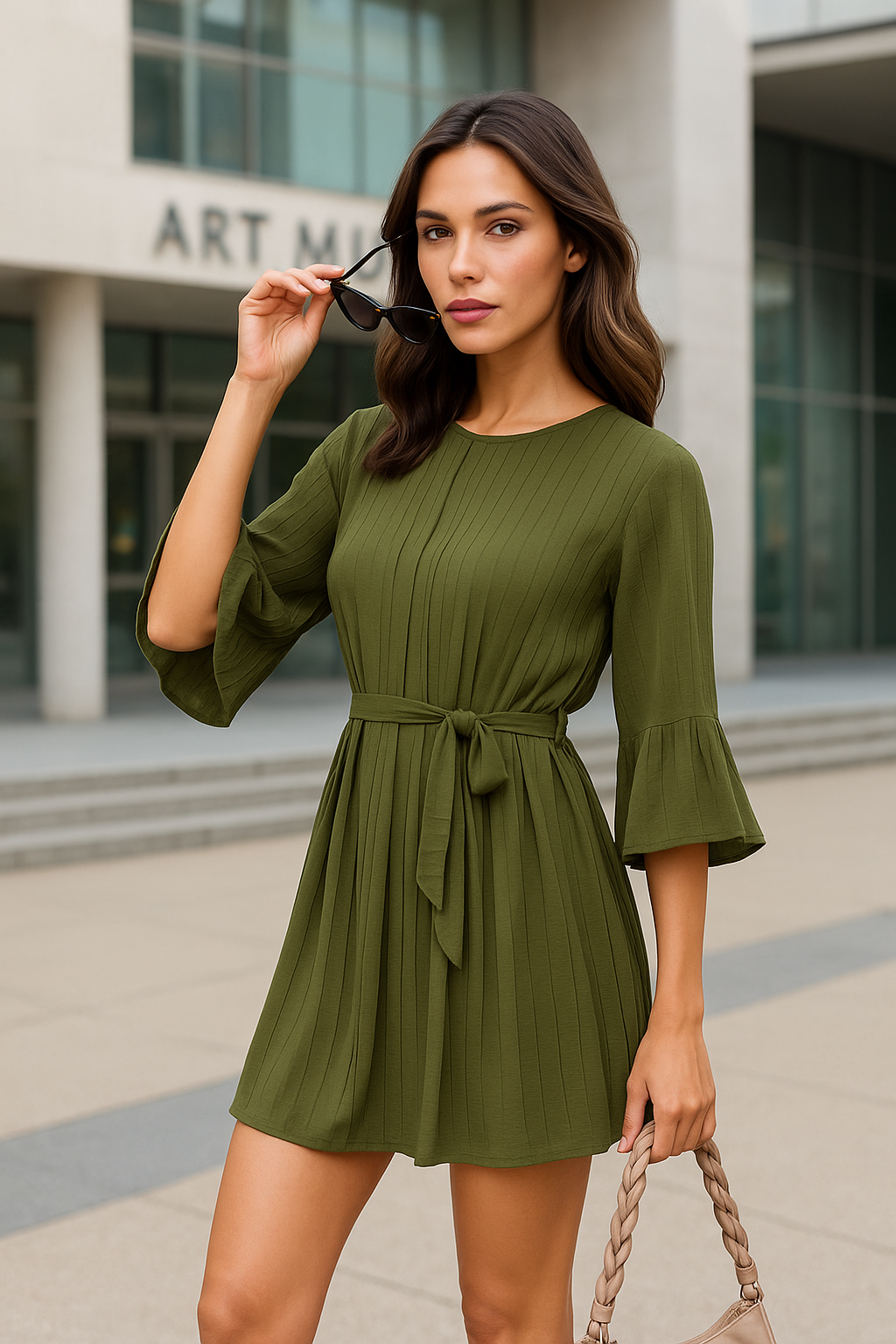Pleated Tie Waist Mini Dress