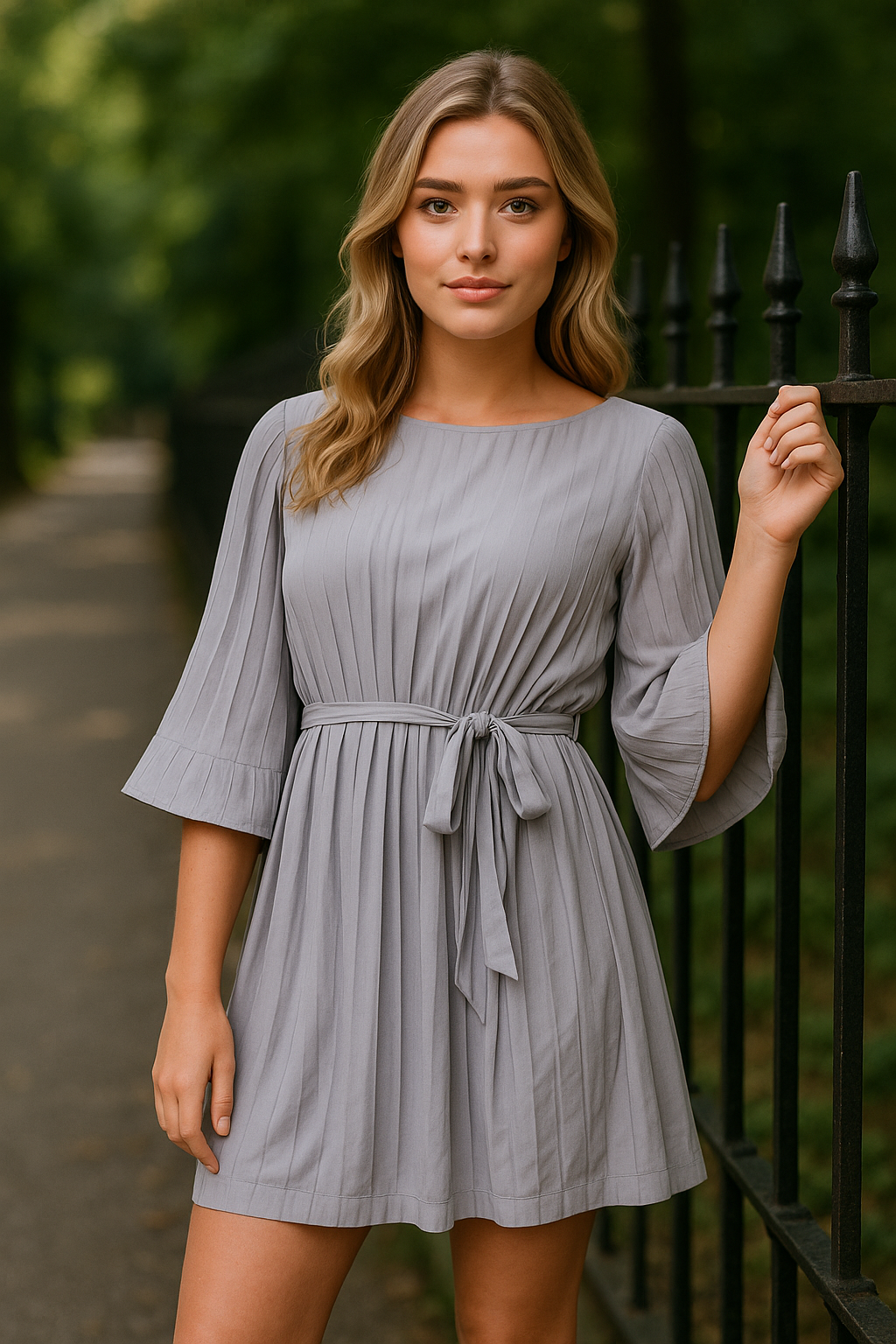 Pleated Tie Waist Mini Dress