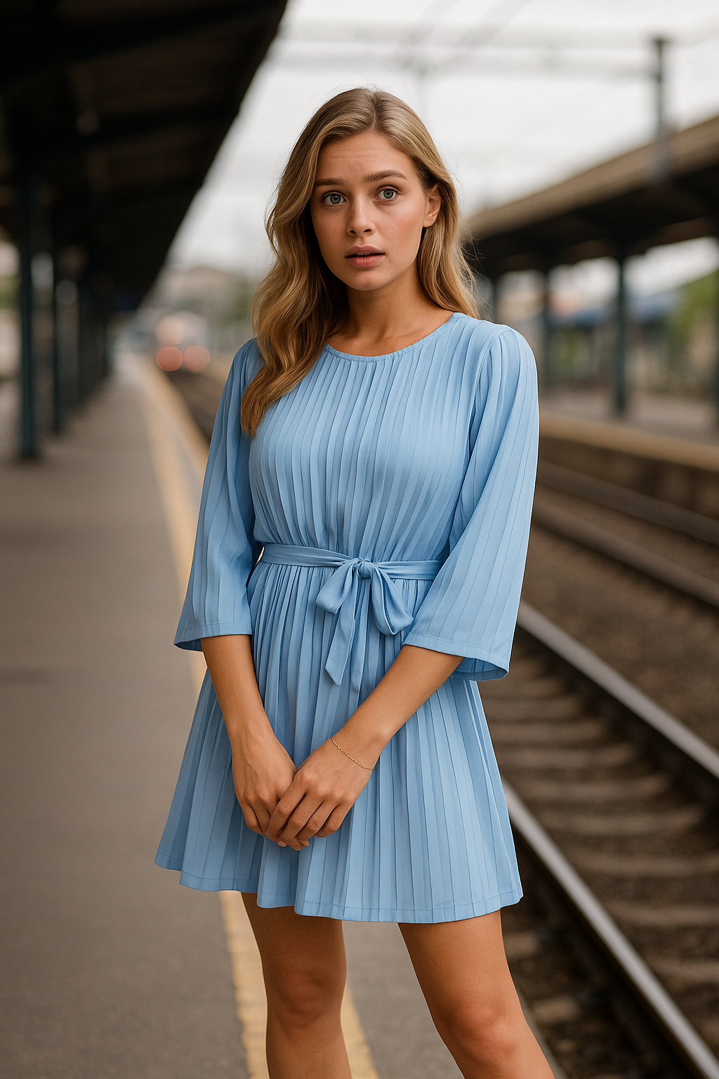 Pleated Tie Waist Mini Dress