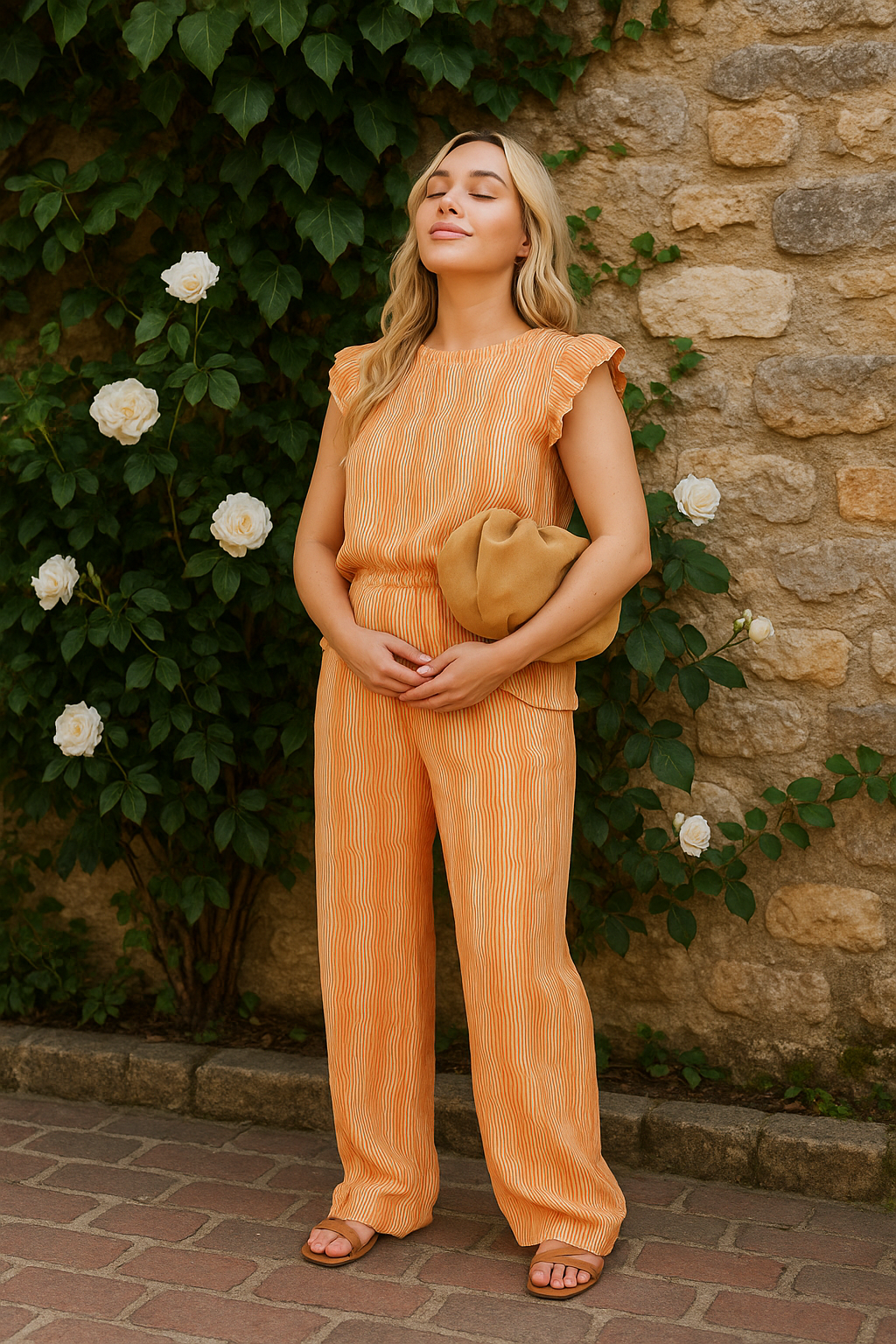 Textured Frill Sleeve Top & Wide Leg Trouser Co-ord Set