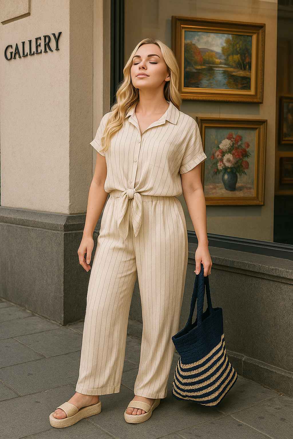 Striped Button Down Tie Front Top and Trouser Co-ord Set