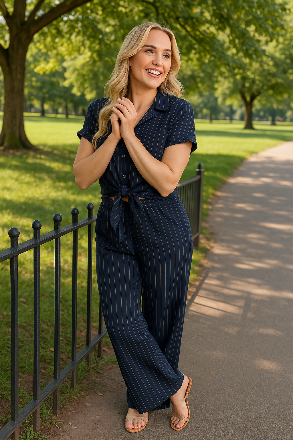 Striped Button Down Tie Front Top and Trouser Co-ord Set