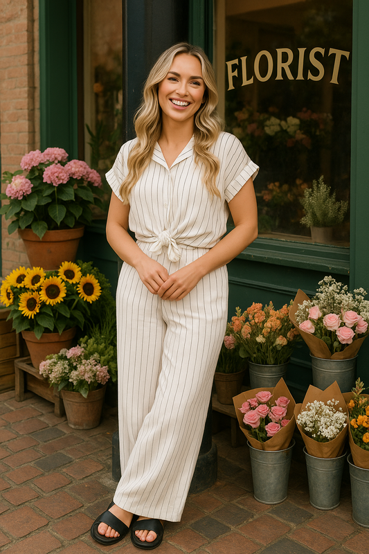 Striped Button Down Tie Front Top and Trouser Co-ord Set
