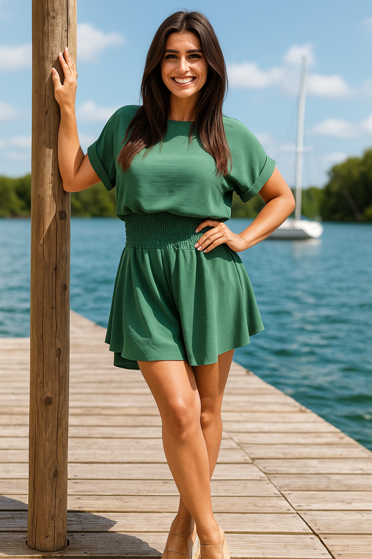 Roll Sleeve Top and Elastic Shirred Waistband and Shorts Co-ord Set