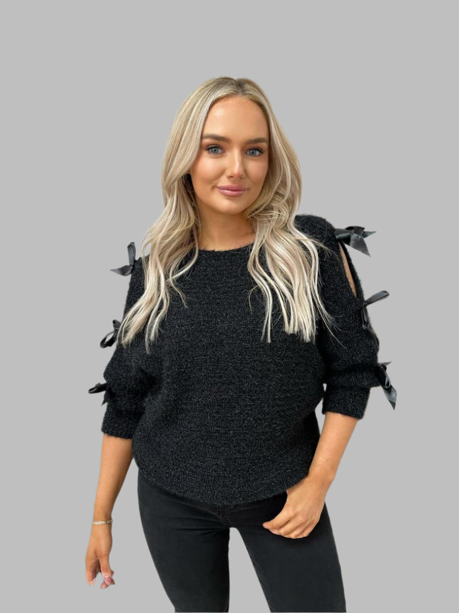 Chunky Knit Cut-Out Top with Tie Bow Sleeves