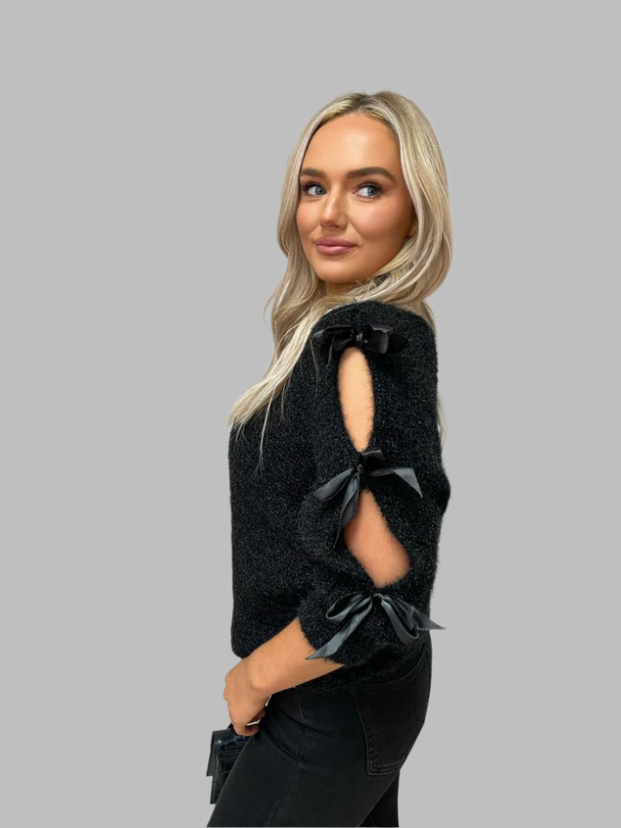 Chunky Knit Cut-Out Top with Tie Bow Sleeves