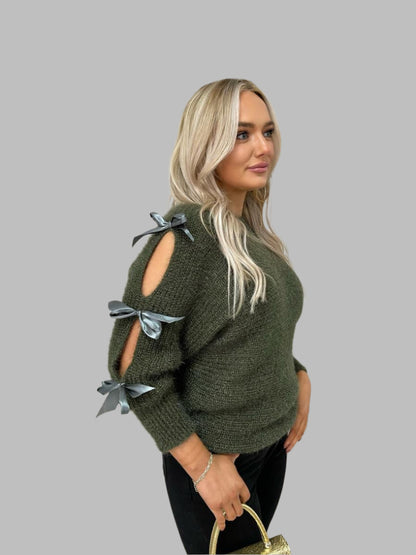 Chunky Knit Cut-Out Top with Tie Bow Sleeves