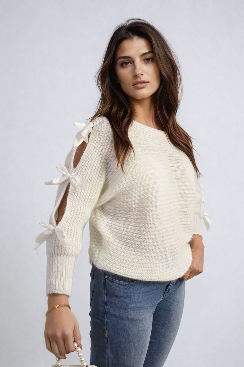 Chunky Knit Cut-Out Top with Tie Bow Sleeves