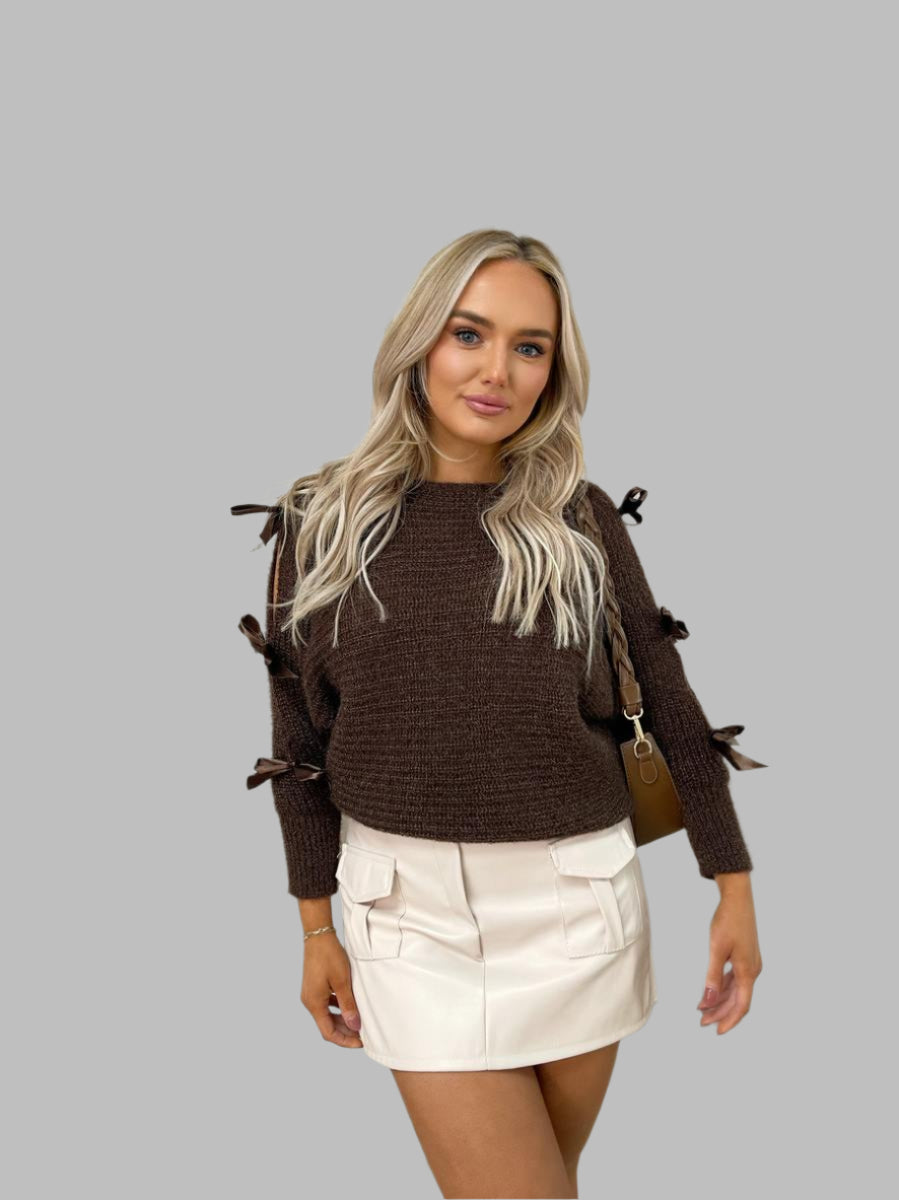 Chunky Knit Cut-Out Top with Tie Bow Sleeves