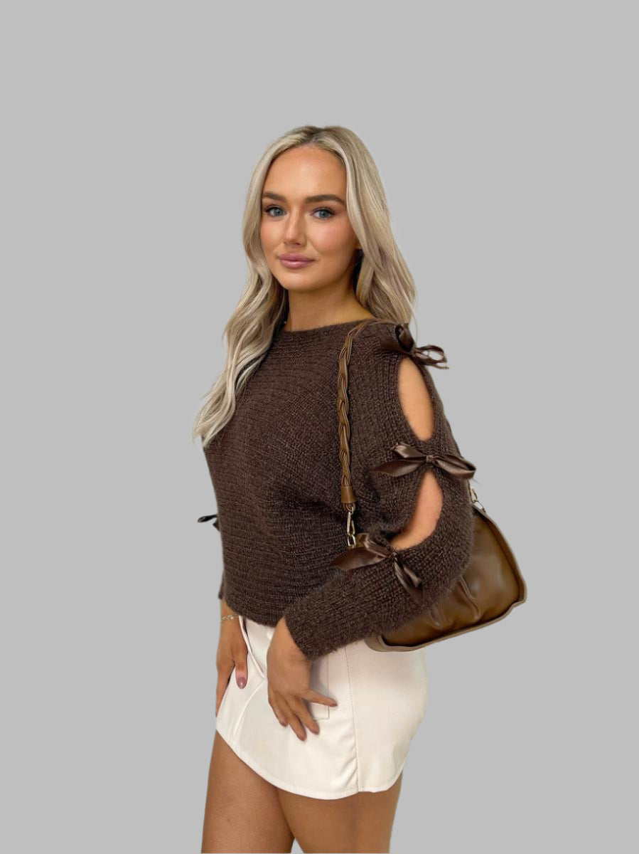 Chunky Knit Cut-Out Top with Tie Bow Sleeves
