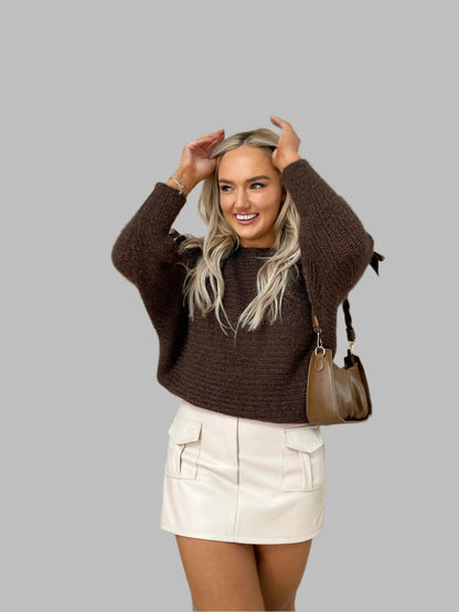 Chunky Knit Cut-Out Top with Tie Bow Sleeves