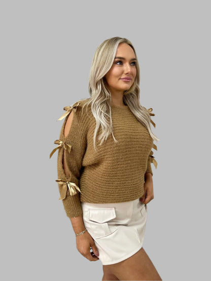 Chunky Knit Cut-Out Top with Tie Bow Sleeves