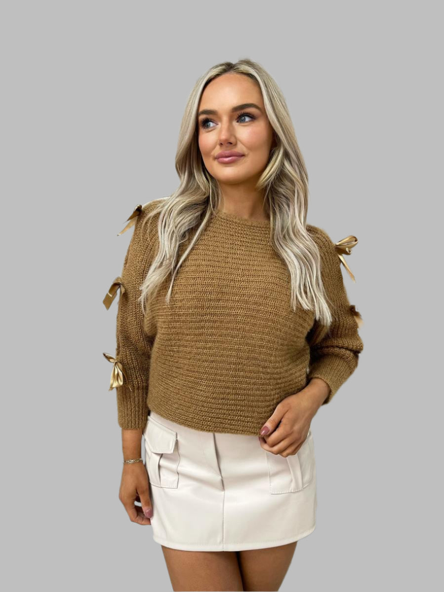 Chunky Knit Cut-Out Top with Tie Bow Sleeves