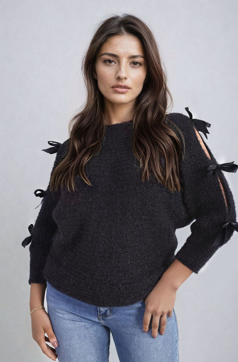 Chunky Knit Cut-Out Top with Tie Bow Sleeves