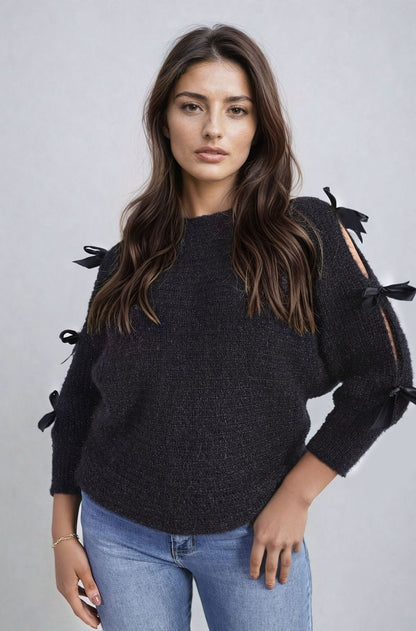 Chunky Knit Cut-Out Top with Tie Bow Sleeves
