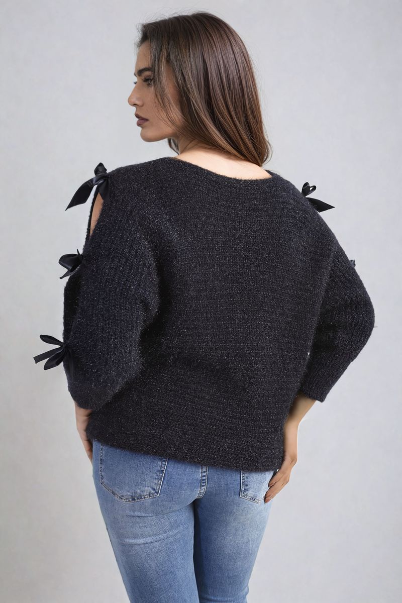 Chunky Knit Cut-Out Top with Tie Bow Sleeves