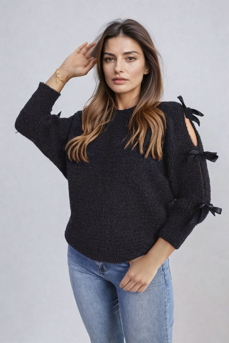 Chunky Knit Cut-Out Top with Tie Bow Sleeves