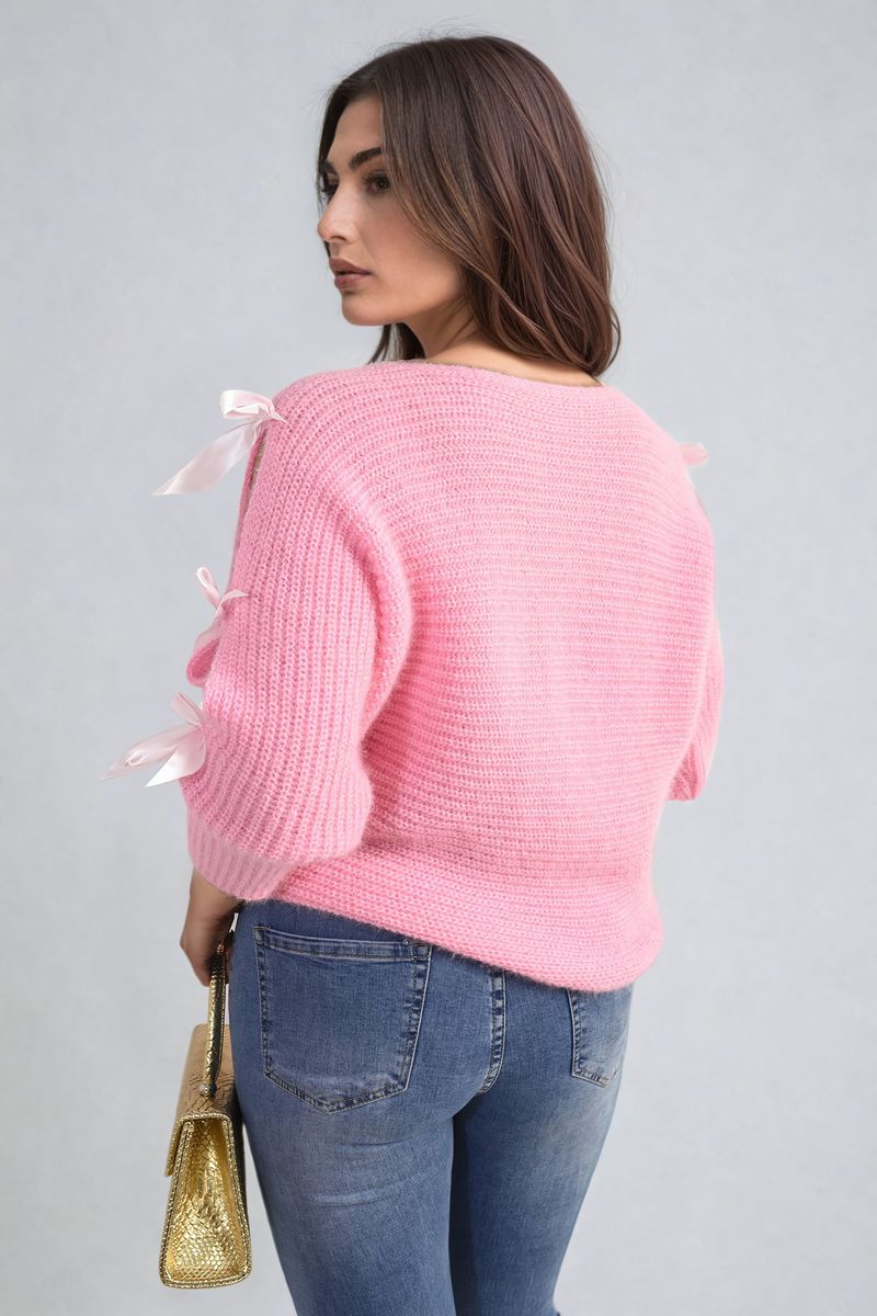 Chunky Knit Cut-Out Top with Tie Bow Sleeves