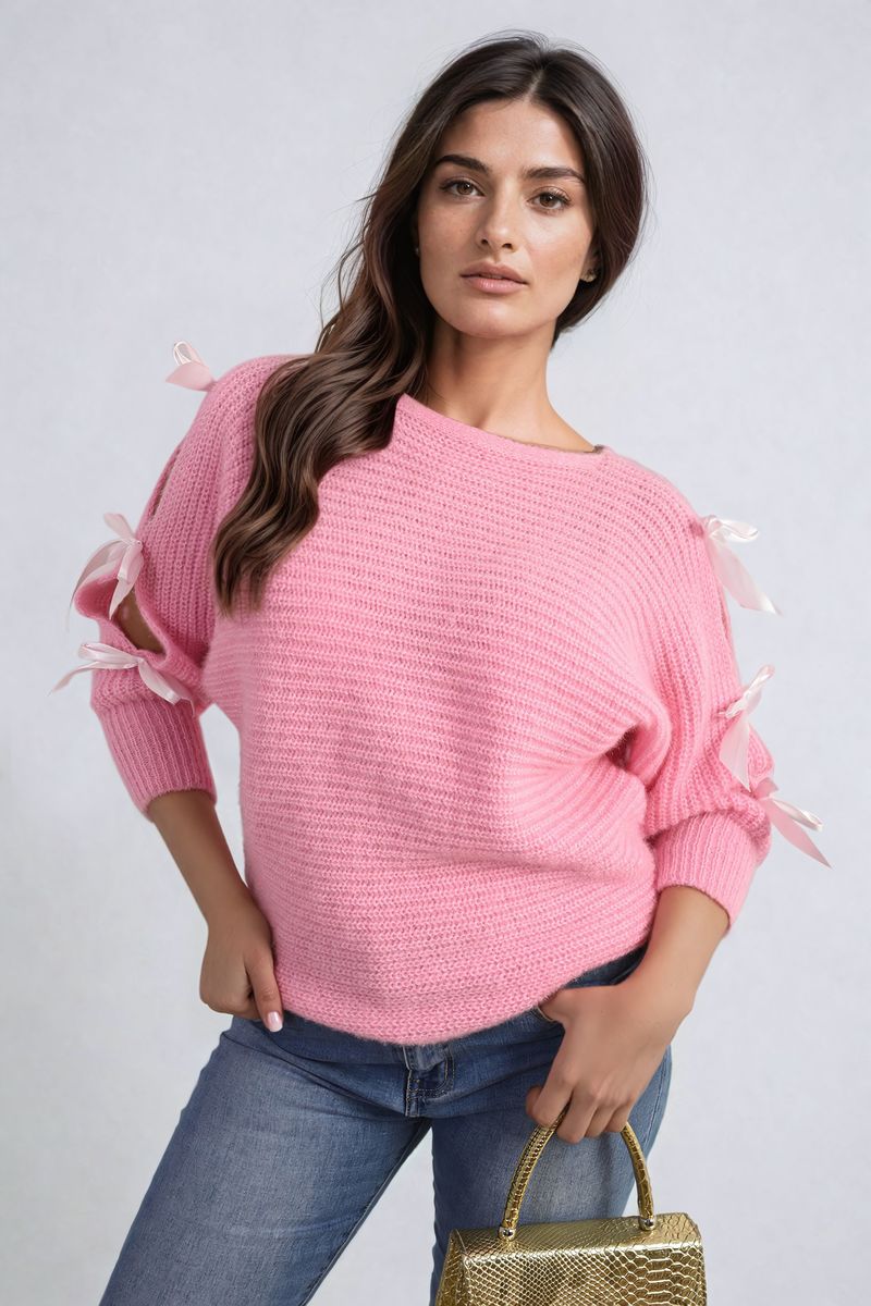 Chunky Knit Cut-Out Top with Tie Bow Sleeves