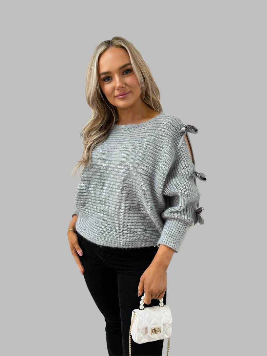 Chunky Knit Cut-Out Top with Tie Bow Sleeves