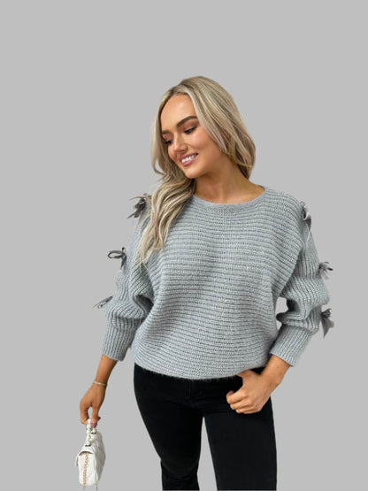 Chunky Knit Cut-Out Top with Tie Bow Sleeves