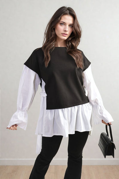 Side Tie Contrast Frill Knit Long Sleeve Top