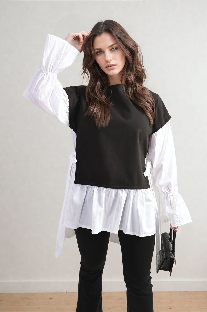 Side Tie Contrast Frill Knit Long Sleeve Top