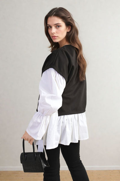 Side Tie Contrast Frill Knit Long Sleeve Top