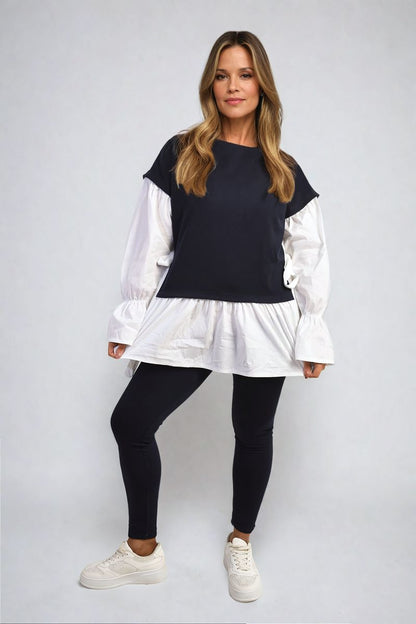 Side Tie Contrast Frill Knit Long Sleeve Top