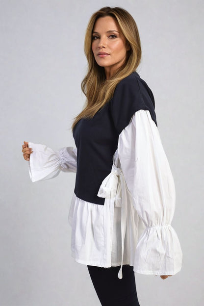 Side Tie Contrast Frill Knit Long Sleeve Top