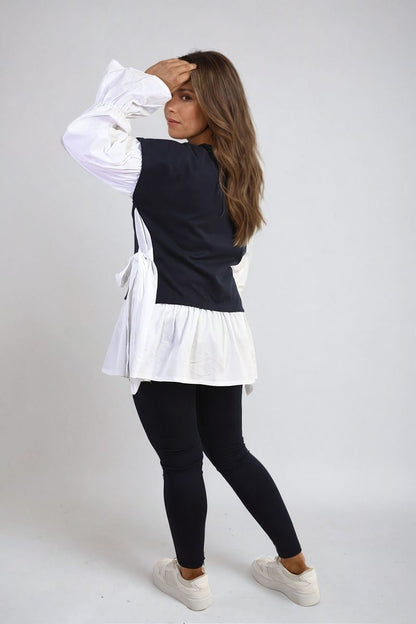 Side Tie Contrast Frill Knit Long Sleeve Top