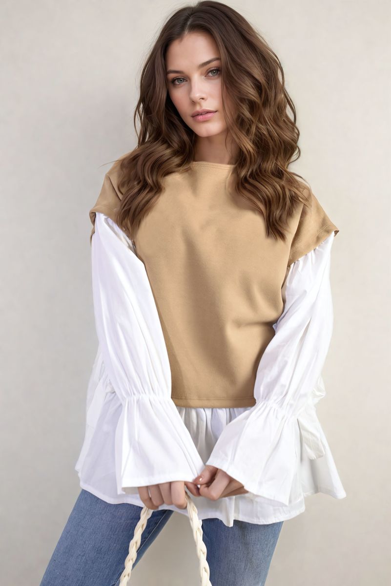 Side Tie Contrast Frill Knit Long Sleeve Top