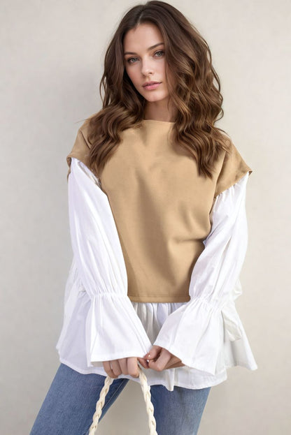 Side Tie Contrast Frill Knit Long Sleeve Top