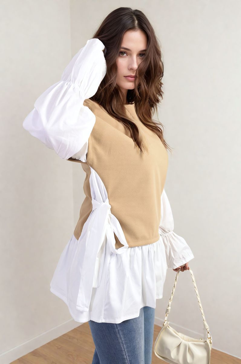 Side Tie Contrast Frill Knit Long Sleeve Top