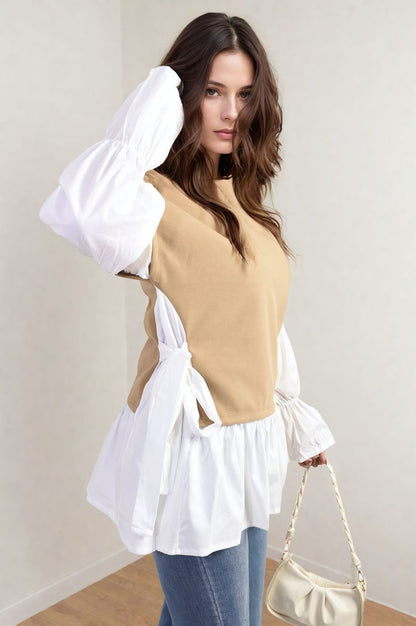 Side Tie Contrast Frill Knit Long Sleeve Top