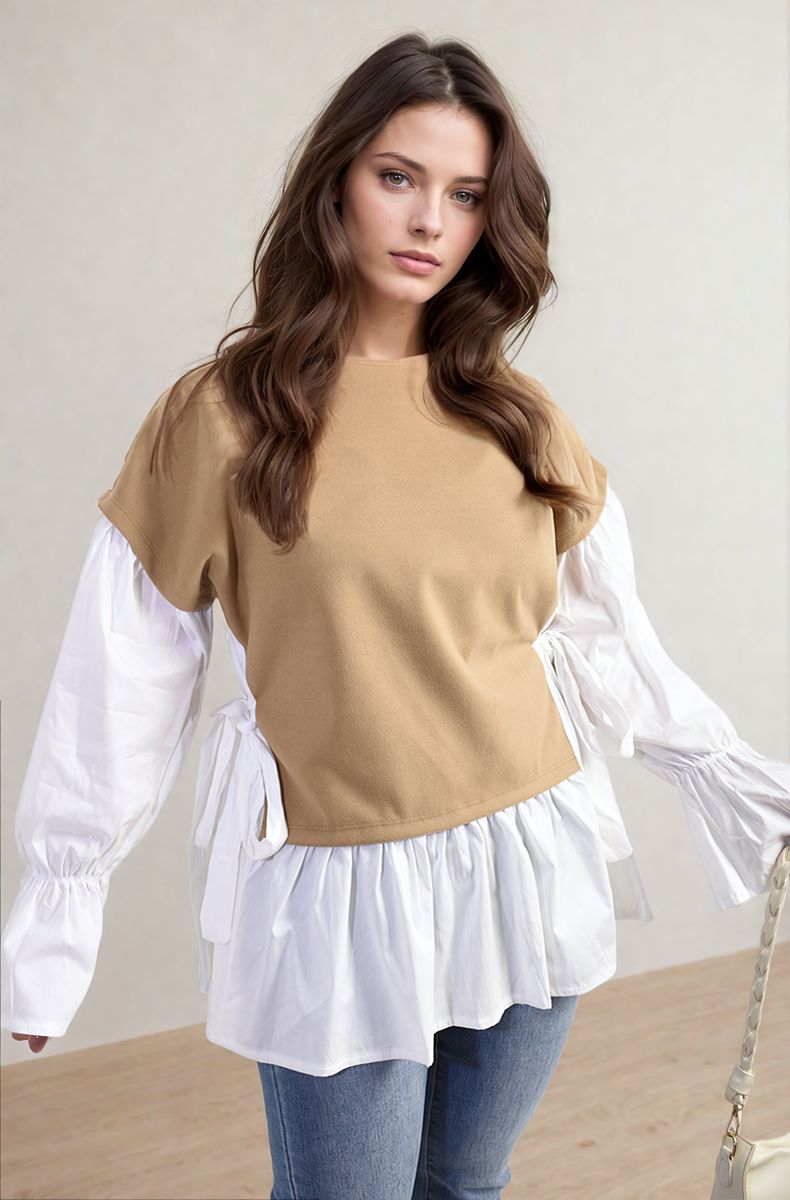 Side Tie Contrast Frill Knit Long Sleeve Top