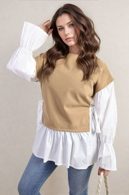 Side Tie Contrast Frill Knit Long Sleeve Top