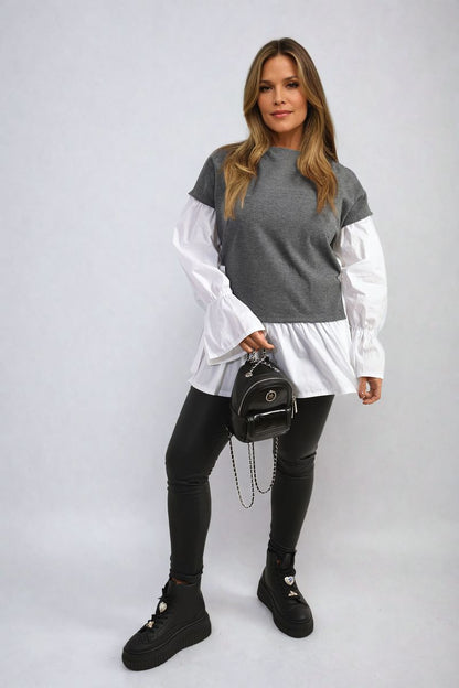 Side Tie Contrast Frill Knit Long Sleeve Top