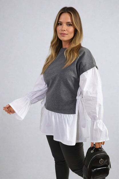 Side Tie Contrast Frill Knit Long Sleeve Top