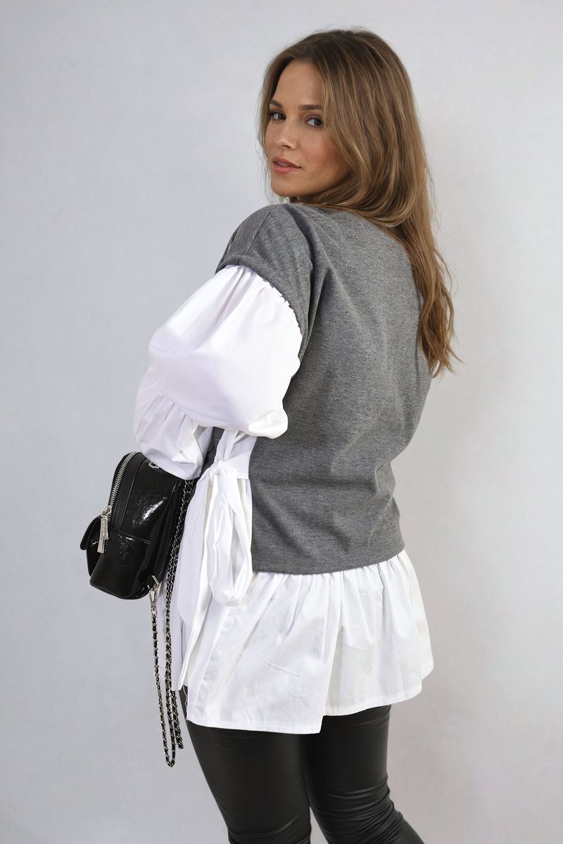 Side Tie Contrast Frill Knit Long Sleeve Top