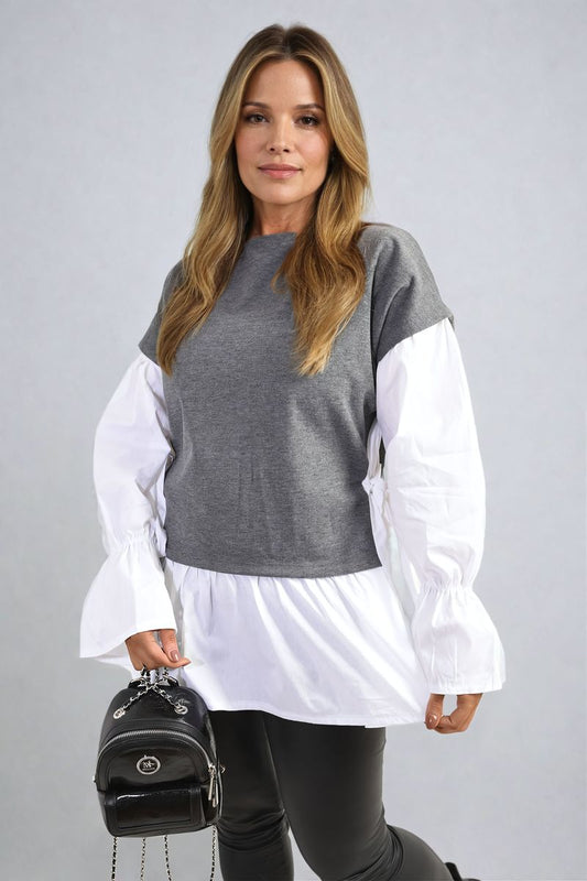 Side Tie Contrast Frill Knit Long Sleeve Top