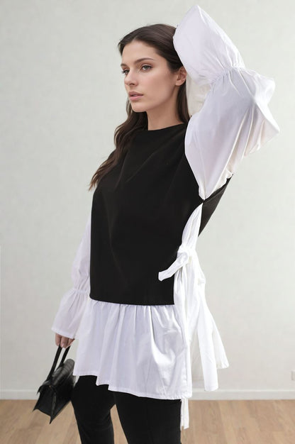 Side Tie Contrast Frill Knit Long Sleeve Top