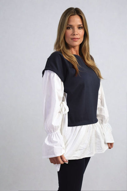 Side Tie Contrast Frill Knit Long Sleeve Top