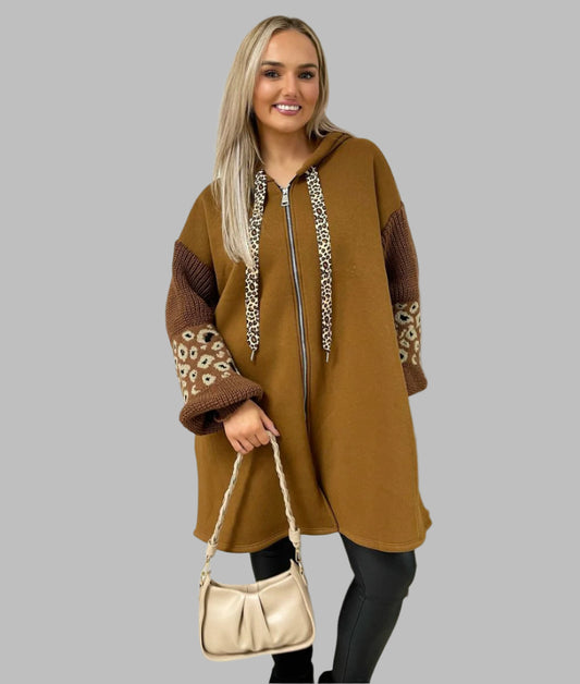 Leopard Print Knitted Sleeve Hoodie