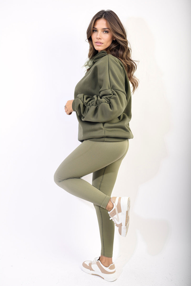 Oversized Knitted Hoodie with Ruched Sleeves & Ribbon Detail
