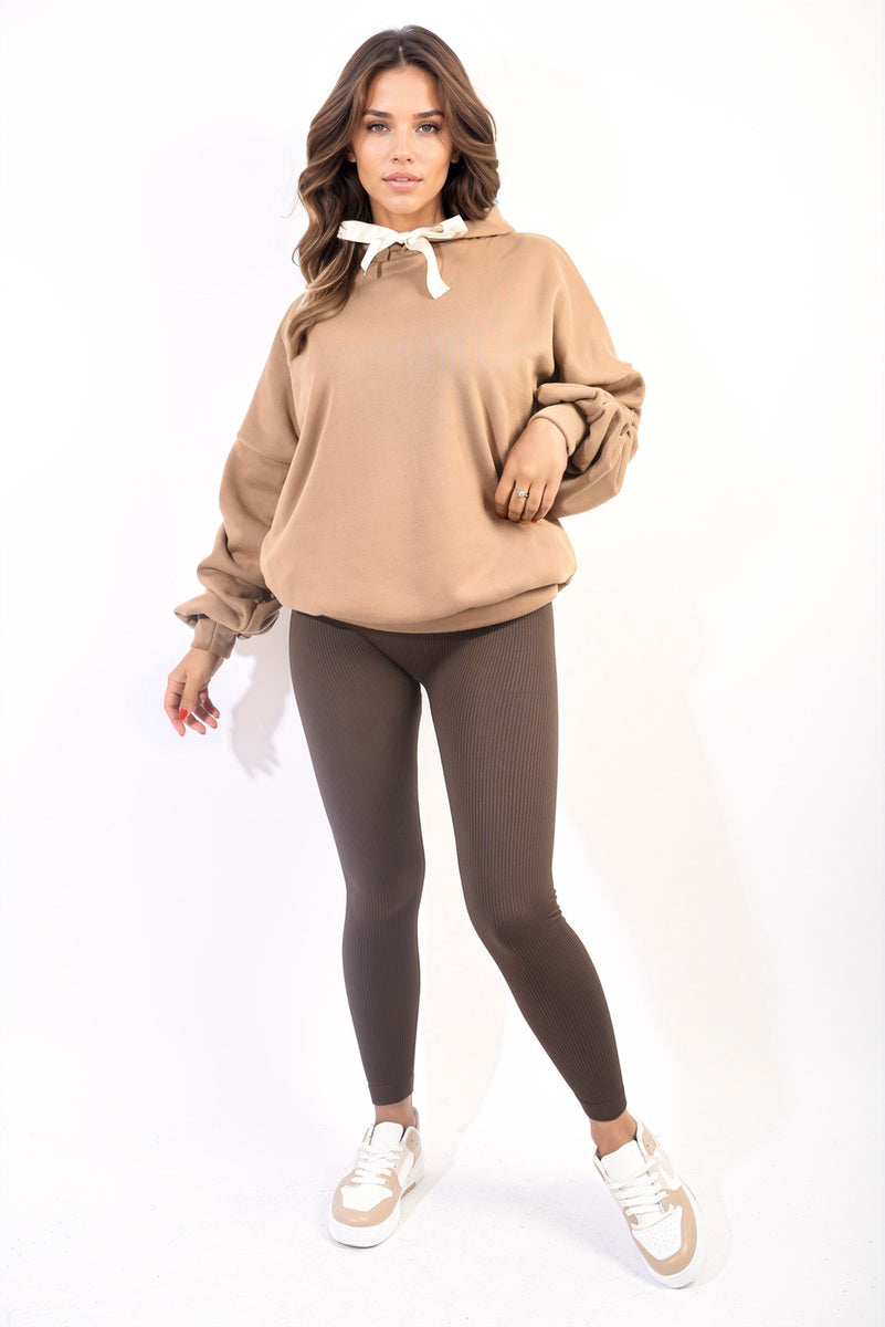 Oversized Knitted Hoodie with Ruched Sleeves & Ribbon Detail