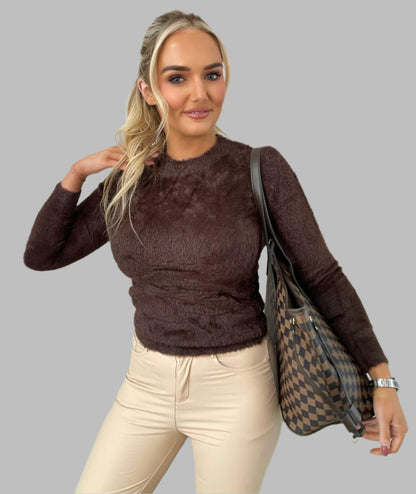 Fitted Fluffy Knit Long Sleeve Top