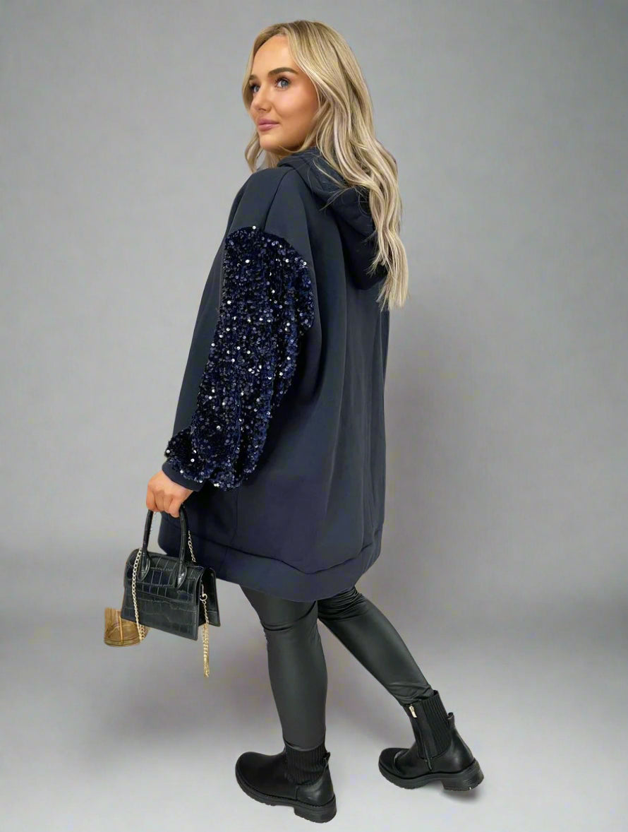 Oversized Sequin Sleeve Knitted Hoodie Jumper